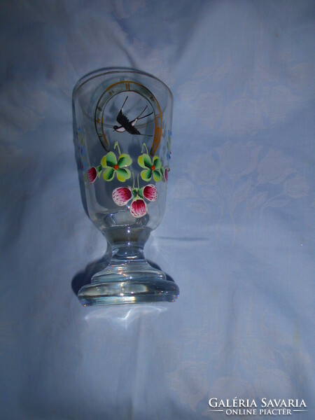 Bider stíl zománcfestett-fecske-virág motívum vastag falú talpas  üveg kúra pohár