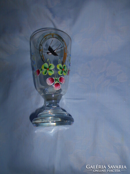 Bider style enamel-painted swallow-flower motif thick-walled stemmed glass cure glass