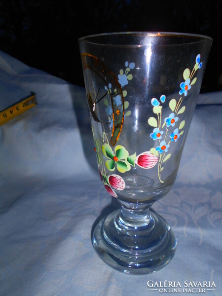 Bider style enamel-painted swallow-flower motif thick-walled stemmed glass cure glass