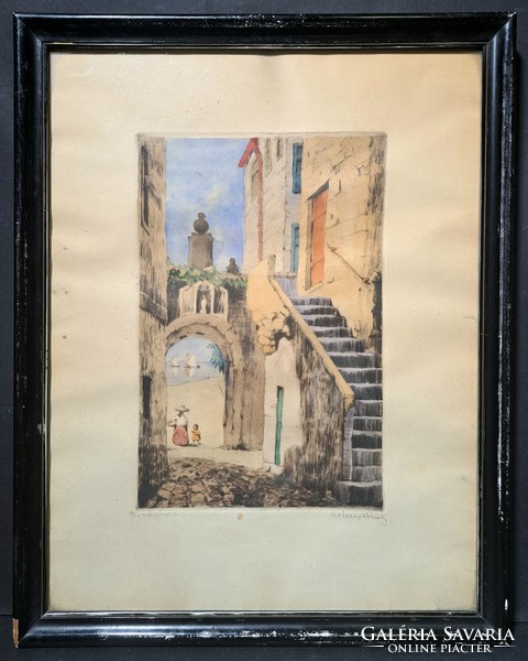József Csillag: Mediterranean street scene - Bordighera, Italy (colored etching)
