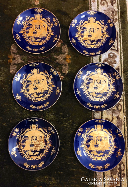 6 db gyönyörű kobalt kék aranyozott jelenetes kínai porcelán tányér 20 cm átmérőjű