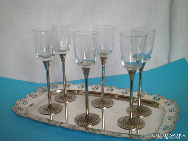 Vintage polished, incised, silver-plated alpaca base, cocktail glass set with tray