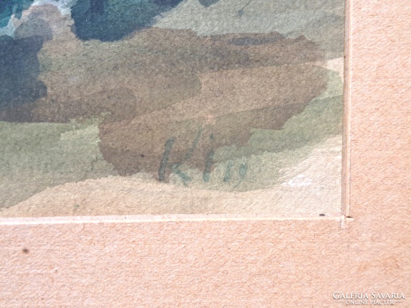 Tájkép házakkal - jelzett akvarell - "K.I." KI monogram