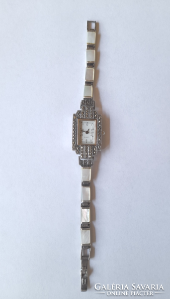 Old silver women's jewelry watch, wristwatch with marcasite and mother-of-pearl decoration