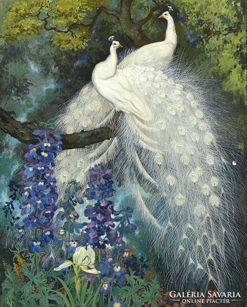 Jessie arms stick white peacock and blue spur grass 1924 reproduction canvas painting birds flower garden