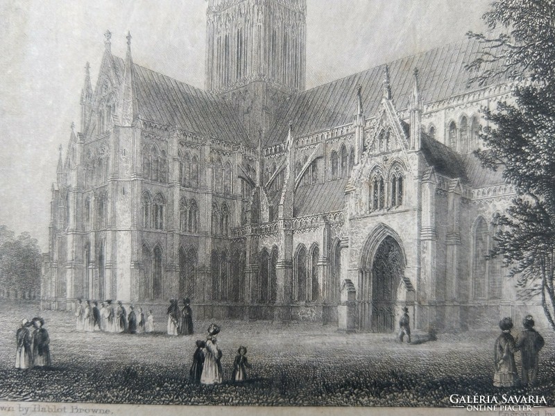 Salisbury cathedral. Original wood engraving ca. 1875