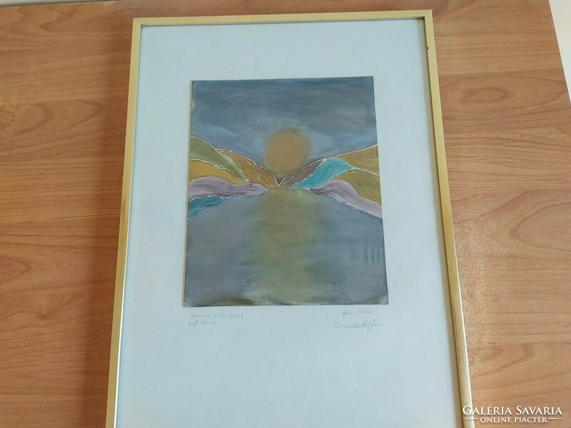 Kis absztrakt napnyugta, szignózott, dekoratív festmény  30x40 cm kerettel