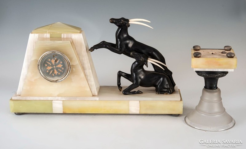 Art deco clock set with chamois figures and two vases