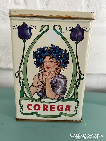 Szecessziós fém Corega női portrés doboz, kávesdoboz