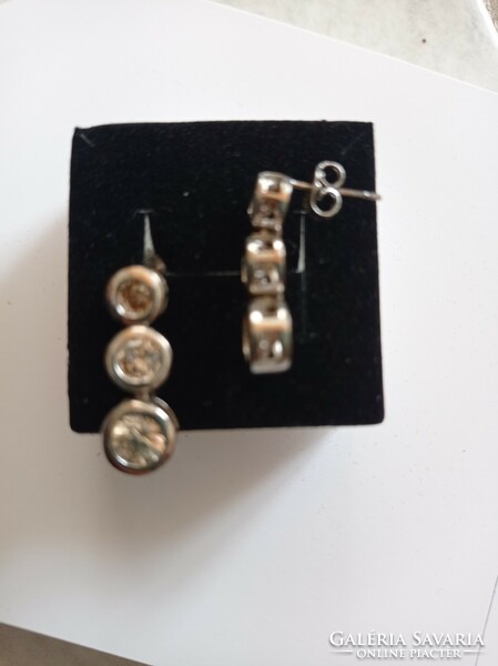 Old button silver earrings with 3 champagne colored stones