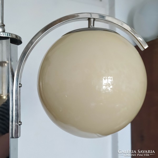 Art deco - bauhaus 2-burner nickel-plated asymmetric chandelier renovated - cream-colored spherical shades