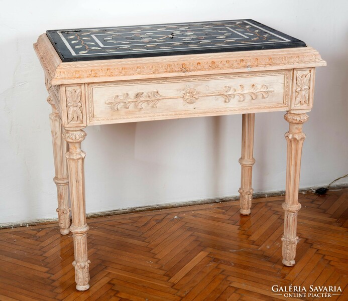 Carved wooden table with marble top, decorated with pietra dura technique