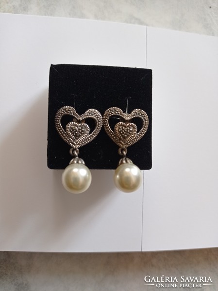 Old silver marcasite pearl earrings