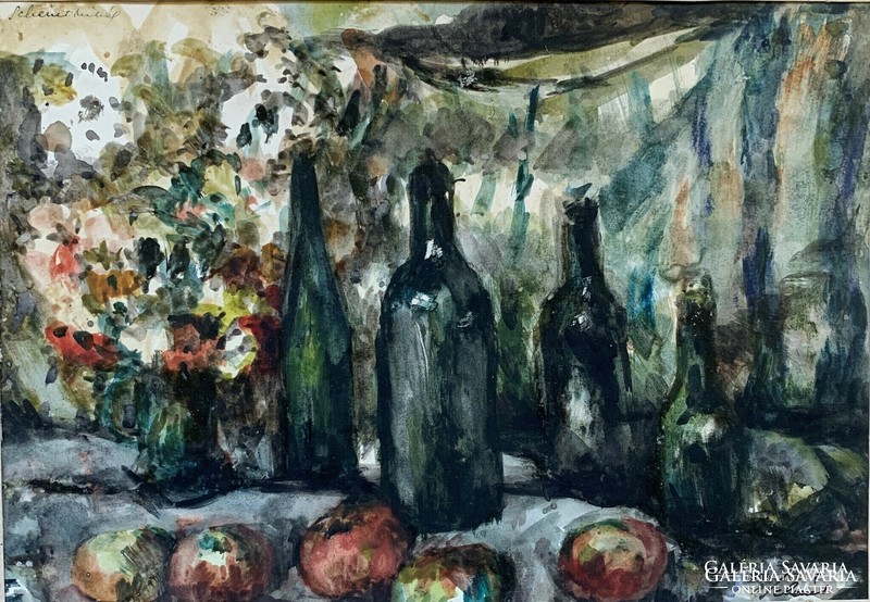 Michael Schéner's (1923-2009) oil painting on bottles and apples (1943) / 21x30cm /