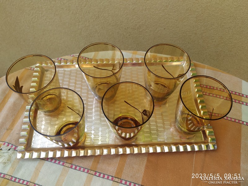 6 amber-colored gold leaf wine glasses for sale!