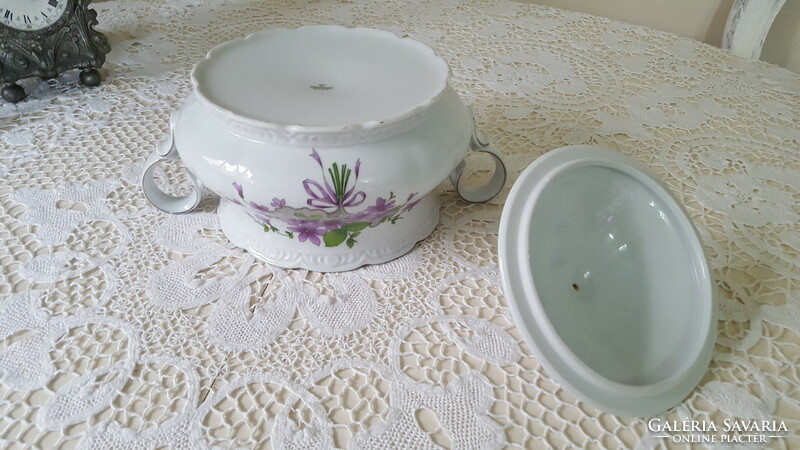 A beautiful soup bowl with violet side dishes