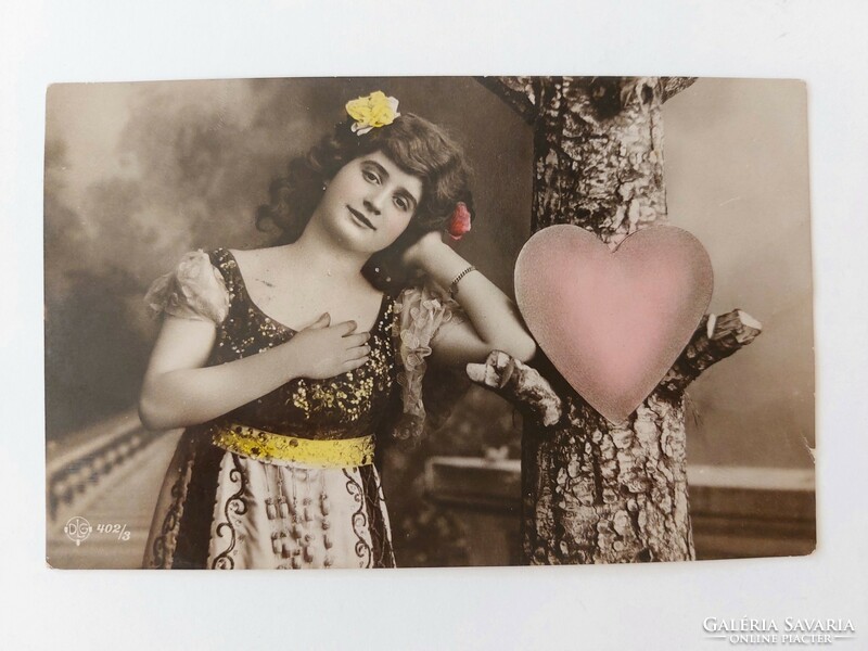 Old postcard 1908 photo postcard lady heart