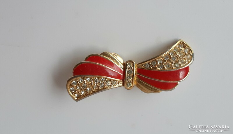 Vintage gold-plated, red enamel painted bow brooch