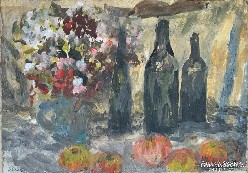 Watercolor painting by Michael Schéner (1923-2009) flowers with bottles and apples (circa 1950) / 21x30cm /