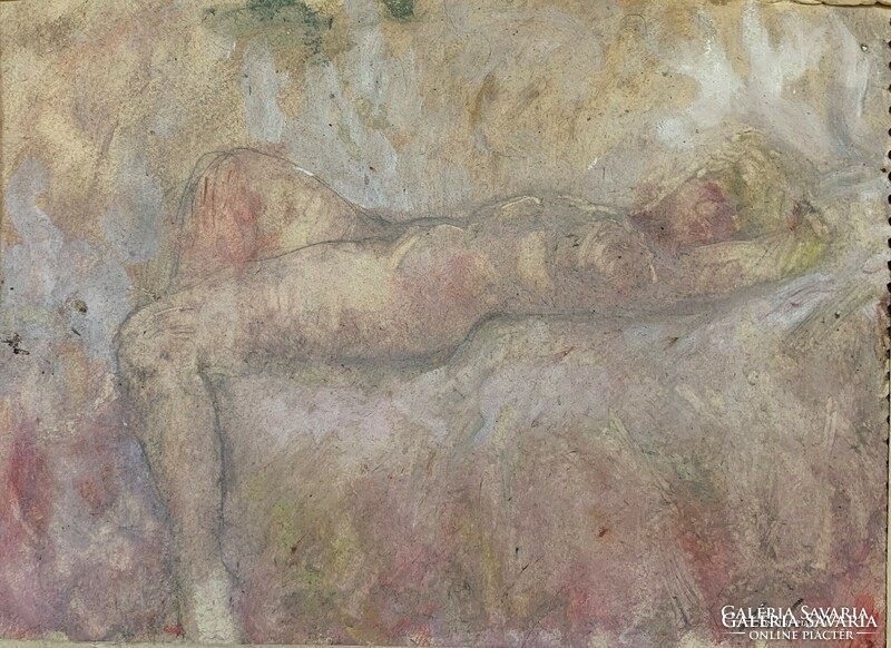 Michael Schéner's (1923-2009) Lying Nude (circa 1950) mixed technique painting / 24x32cm /