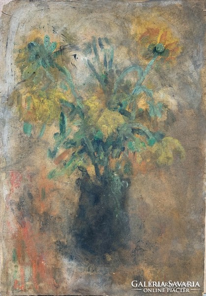 Schéner Mihály (1923-2009) Virágok sötét vázában (1950 körül) című olajfestménye /50x35cm/