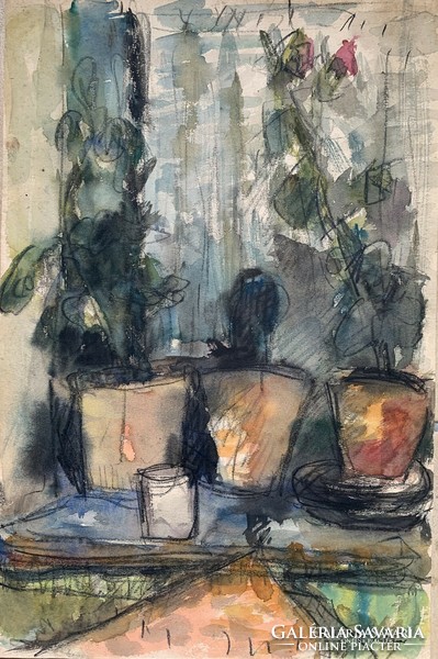 Schéner Mihály (1923-2009) Virágok cserépben (1957) című akvarell festménye /47x32cm/