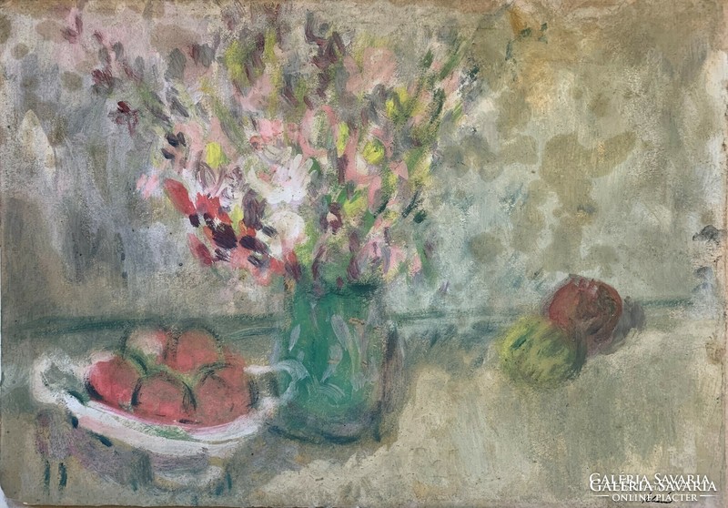 Schéner Mihály (1923-2009) Virágok zöld vázában (1948) című olajfestménye /35x50cm/