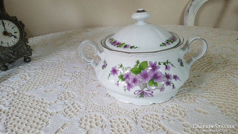 A beautiful soup bowl with violet side dishes