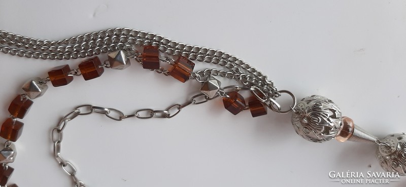 Vintage filigree long necklace with brown glass spacers