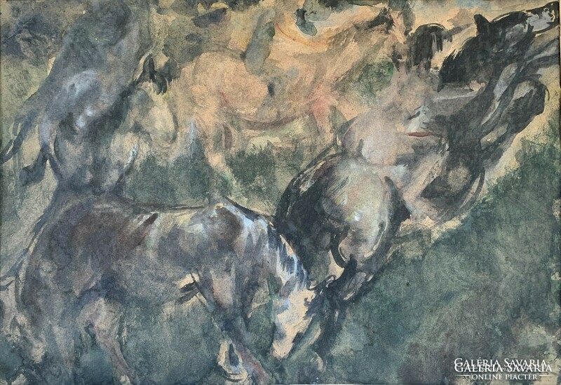 Watercolor painting by Michael Schéner (1923-2009) with the act of horses (around 1950) / 29x42cm /