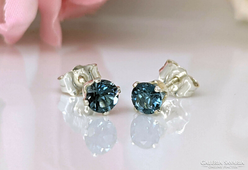 6mm blue london topaz earrings 925 silver studs, gemstone jewelry in gift box, mineral earrings