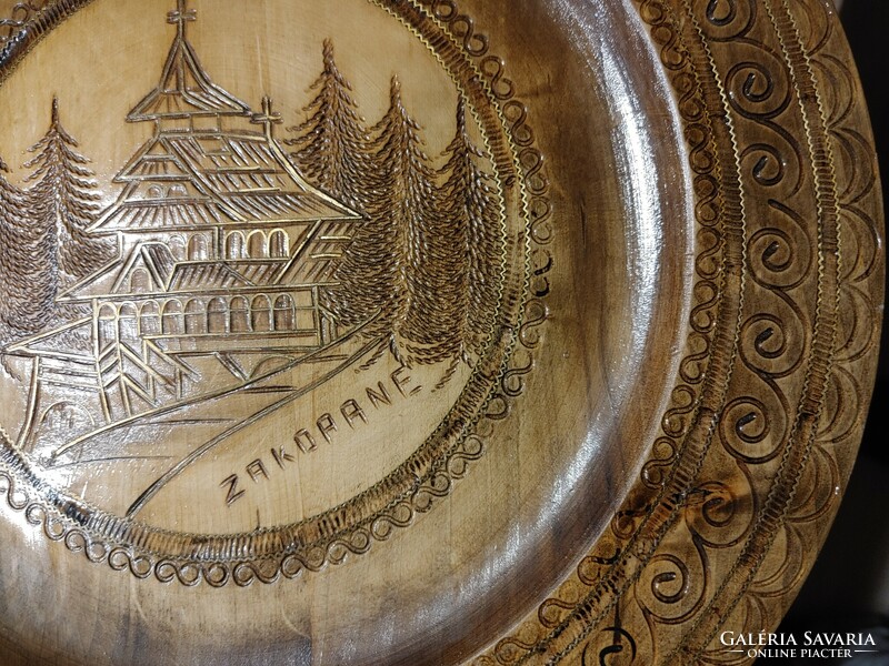 30 Cm copper inlaid (inlaid) ornately carved wall plate Zakopane