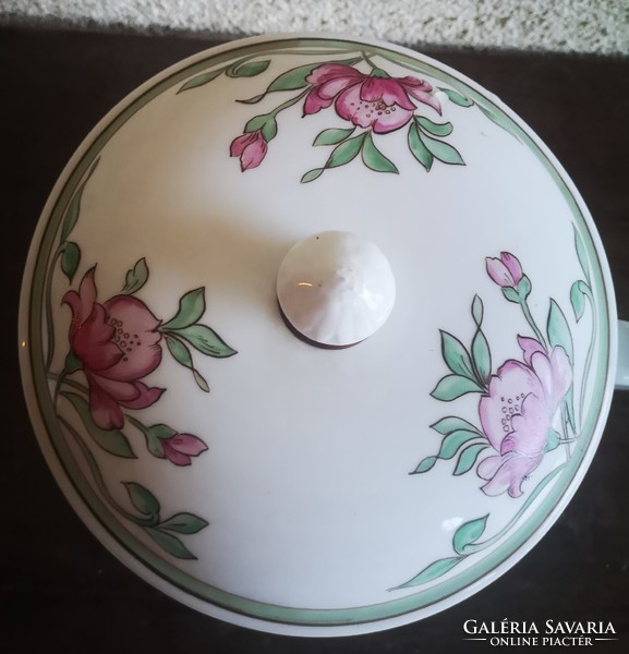 Antik porcelán fedeles edény vastag porcelán kaspó virágokkal díszítve Bili ritkasàg koma jellegű