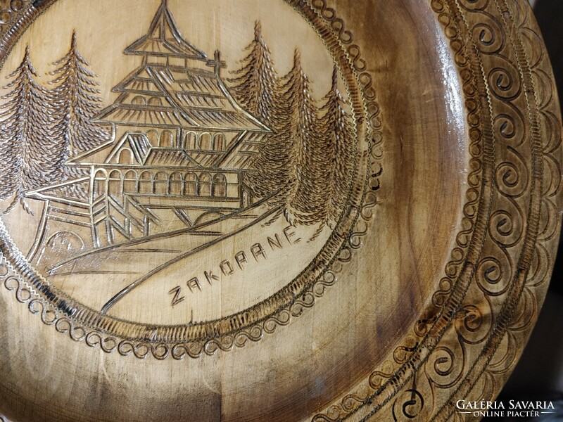 30 Cm copper inlaid (inlaid) ornately carved wall plate Zakopane