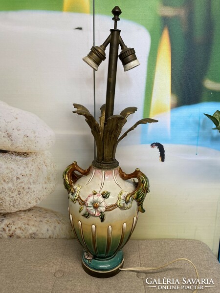 Made in Austria Antik Osztrák Porcelánfajansz Kétágú Asztali Lámpa Plasztikus Virág Díszítéssel A44
