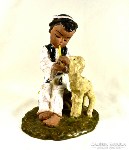 Art deco Cluj (kory) ceramics: a shepherd boy playing a flute with a lamb