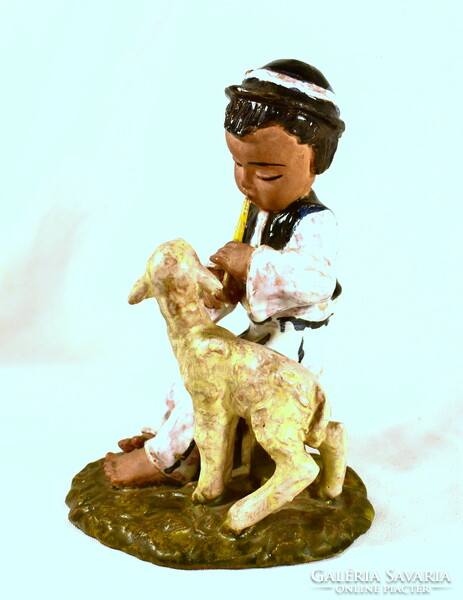 Art deco Cluj (kory) ceramics: a shepherd boy playing a flute with a lamb