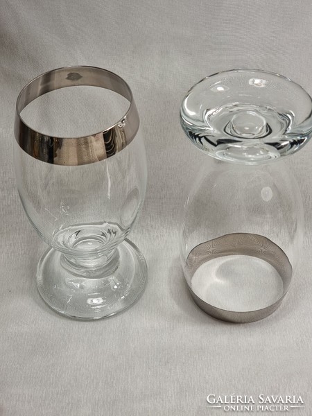 Vastag üvegfalú, ezüst peremű talpas poharak, XX.szd közepe/második fele, ismeretlen manufaktúra