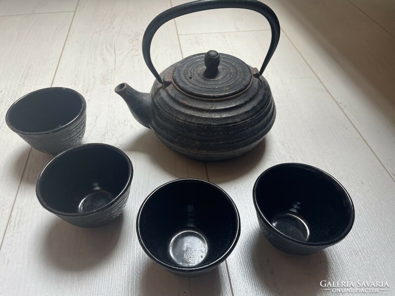 Antik japán tetsubin öntöttvas teáskanna-  teás készlet