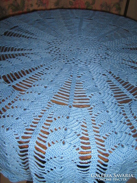 Beautiful blue hand crocheted round antique lace tablecloth