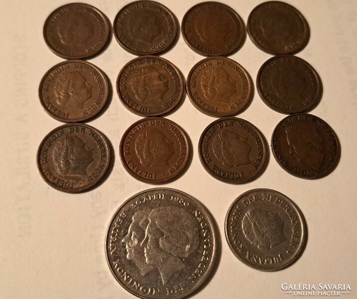 Dutch money collection lot. 1 cent, 5 cents, 25 cents, 1 guilder.