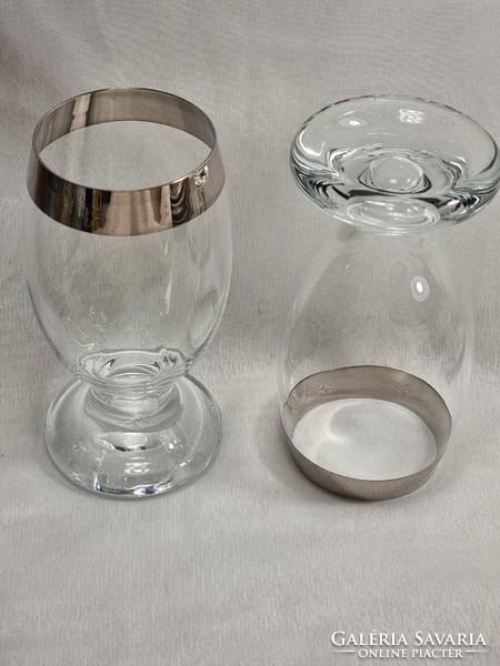 Vastag üvegfalú, ezüst peremű talpas poharak, XX.szd közepe/második fele, ismeretlen manufaktúra