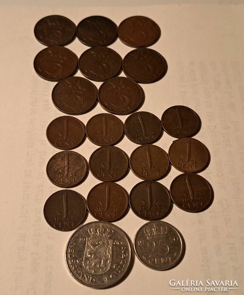 Dutch money collection lot. 1 cent, 5 cents, 25 cents, 1 guilder.