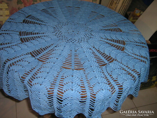 Beautiful blue hand crocheted round antique lace tablecloth