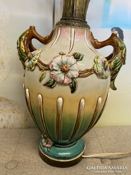 Made in Austria antique Austrian porcelain faience two-pronged table lamp with plastic flower decoration a44