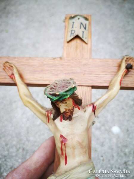 Antik kereszt feszület, Jézus Krisztus fából faragott kézi festett gyönyörű alkotás,vállási gyüjtemé