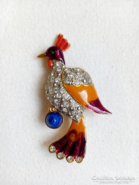 Large peacock fire enamel brooch