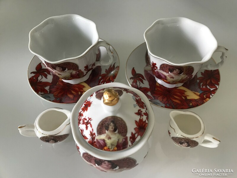 Porcelain tea set with a painting by Alfons Mucha, Queen Isabel porcelain