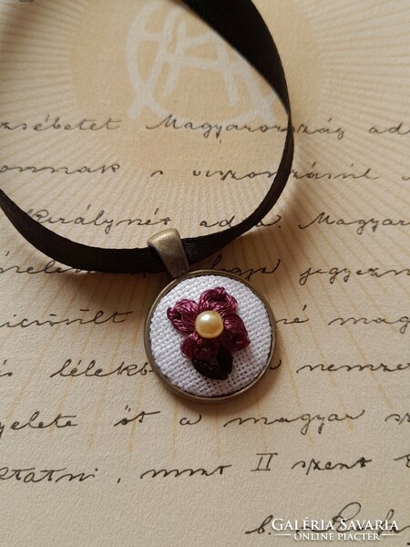 New, handmade, antique effect necklace with embroidered pendant