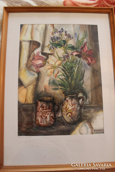 Miklós Tóth: still life with tulips (2) watercolor